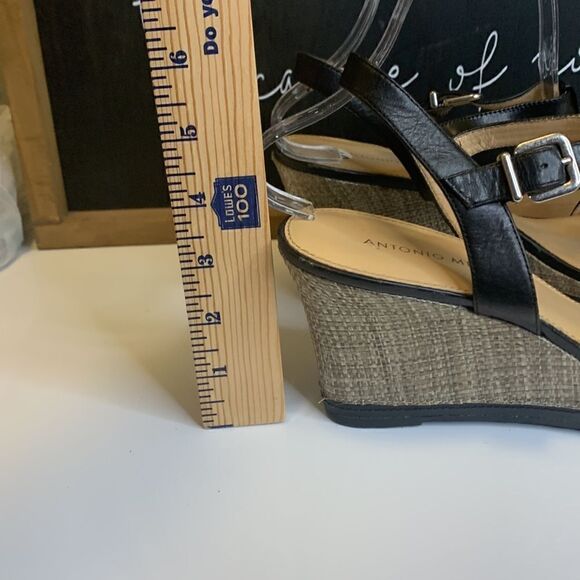 Antonio Melani Black Suede Slingback T-Strap Cork Wedge Heels - 10M - Picture 5 of 12